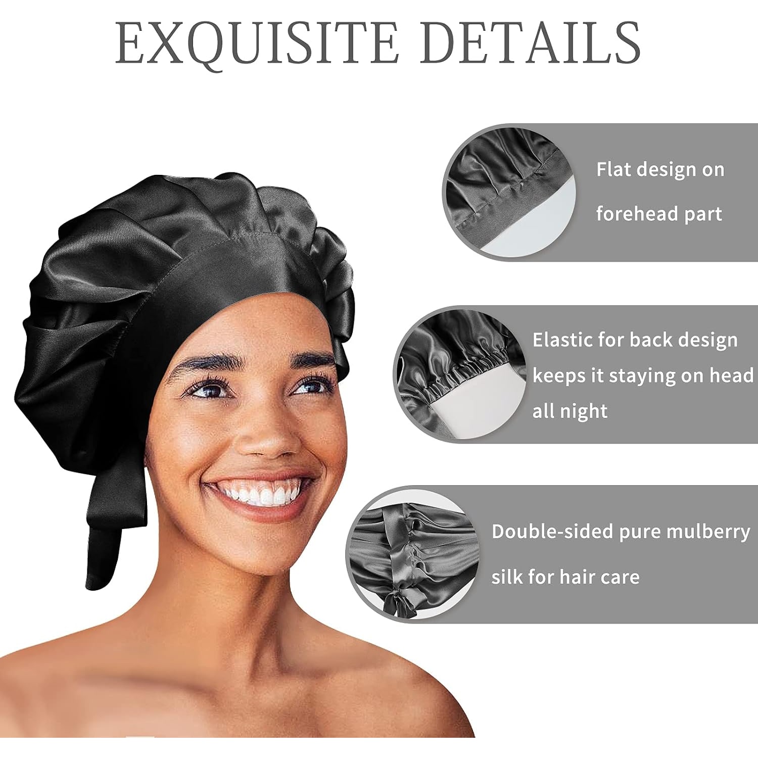 Black 25 Momme Double Layer Mulberry Silk Bonnet, detail view